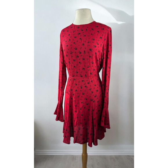 Reformation Red & Black Floral Print Mini Dress Bell Sleeve Ruffle Women's Large - Picture 16 of 16